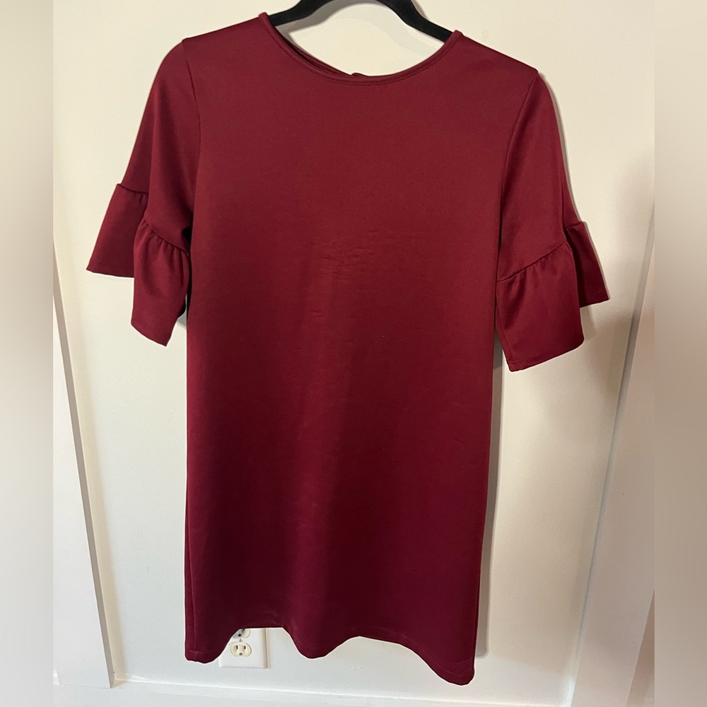 Elegant Burgundy Ruffle Sleeve Dress